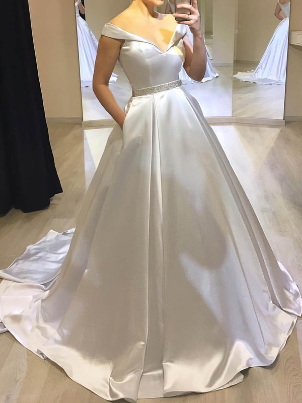 Ball Gown Off-the-shoulder Sweep Train Satin Beading Wedding Dresses #PDS00024047