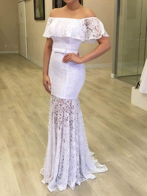 Trumpet/Mermaid Off-the-shoulder Sweep Train Lace Sashes / Ribbons Wedding Dresses #PDS00024049