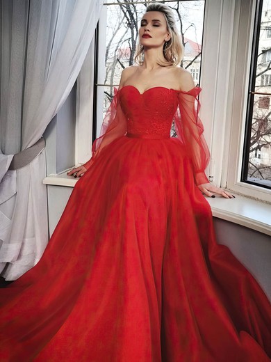 Ball Gown Off-the-shoulder Sweep Train Tulle Appliques Lace Prom Dresses #PDS020107242