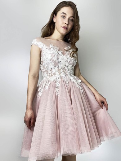 A-line Scoop Neck Tulle Short/Mini Appliques Lace Short Prom Dresses #PDS020107252