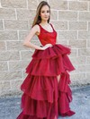 A-line Square Neckline Sweep Train Satin Tulle Tiered Prom Dresses #PDS020107255