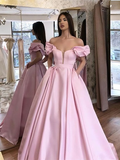 Ball Gown Off-the-shoulder Sweep Train Silk-like Satin Pockets Prom Dresses #PDS020107264
