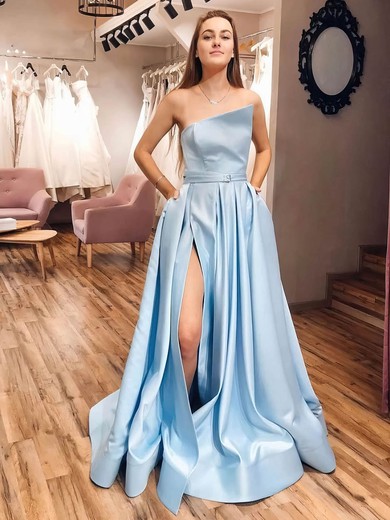 A-line Strapless Sweep Train Satin Sashes / Ribbons Prom Dresses #PDS020107278