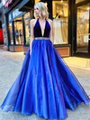 A-line Halter Sweep Train Organza Beading Prom Dresses #PDS020107298
