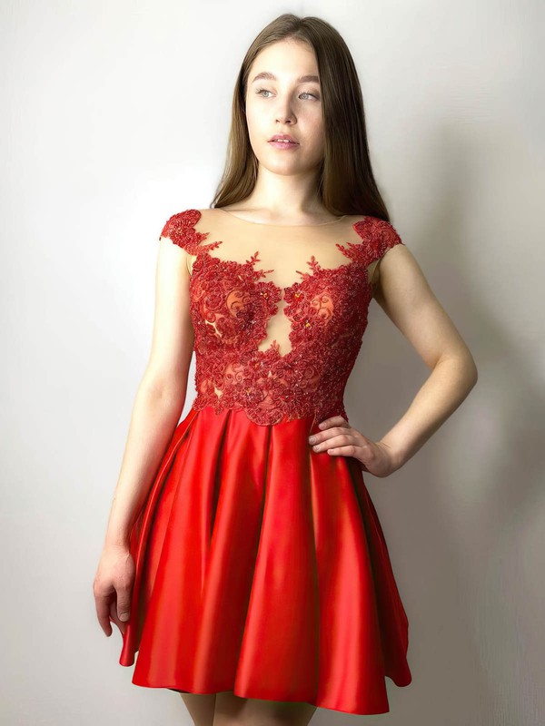 A-line Scoop Neck Short/Mini Satin Appliques Lace Prom Dresses #PDS020107300