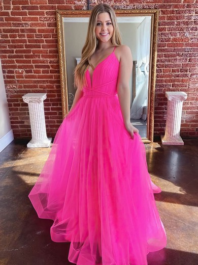 A-line V-neck Sweep Train Tulle Prom Dresses #PDS020107304