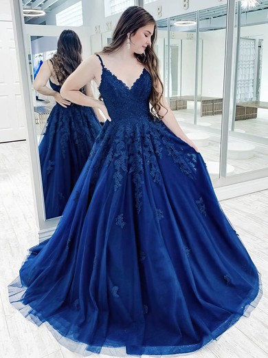 Ball Gown V-neck Sweep Train Tulle Appliques Lace Prom Dresses #PDS020107310