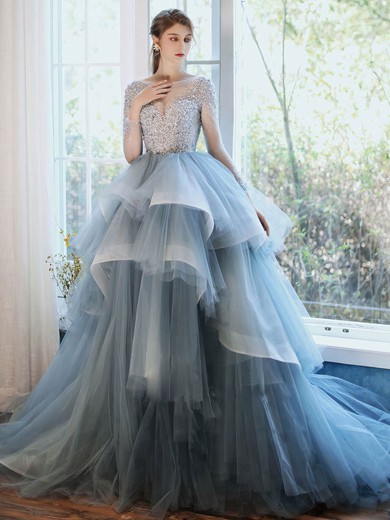 Ball Gown Scoop Neck Sweep Train Tulle Beading Prom Dresses #PDS020107322