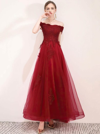 A-line Off-the-shoulder Floor-length Tulle Appliques Lace Prom Dresses #PDS020107325