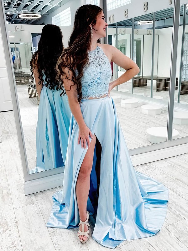 A-line Scoop Neck Sweep Train Lace Silk-like Satin Split Front Prom Dresses #PDS020107329