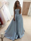 A-line Strapless Sweep Train Satin Bow Prom Dresses #PDS020107332