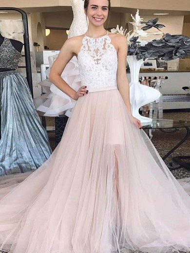A-line Scoop Neck Sweep Train Tulle Appliques Lace Prom Dresses #PDS020107335