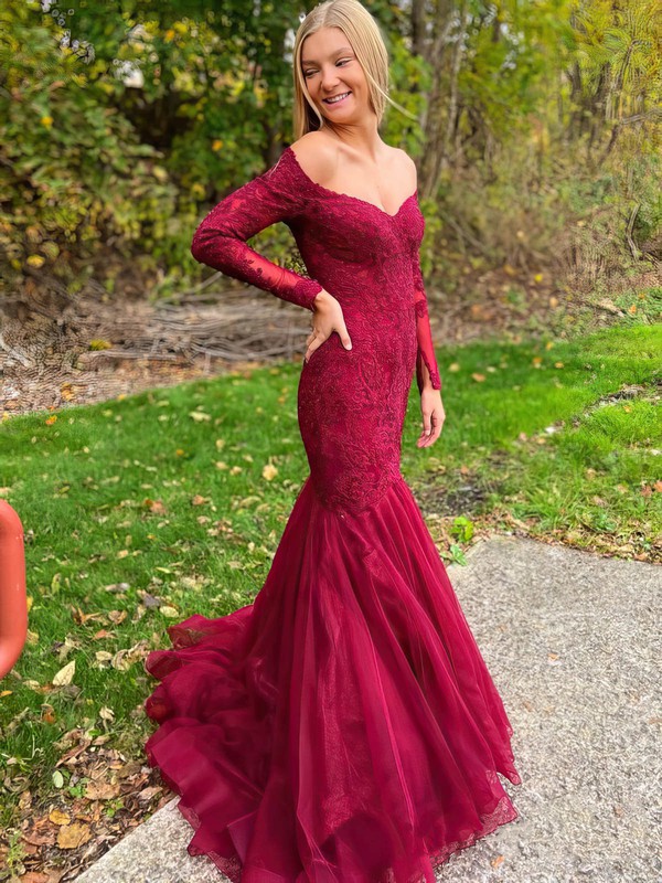 Trumpet/Mermaid Off-the-shoulder Sweep Train Tulle Glitter Beading Prom Dresses #PDS020107343