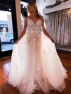 A-line V-neck Court Train Tulle Appliques Lace Prom Dresses #PDS020107346