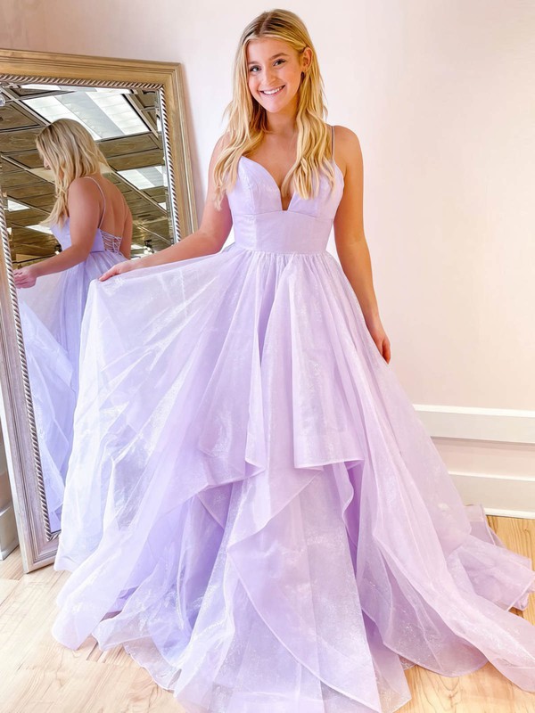 A-line Sweetheart Sweep Train Glitter Cascading Ruffles Prom Dresses #PDS020107348