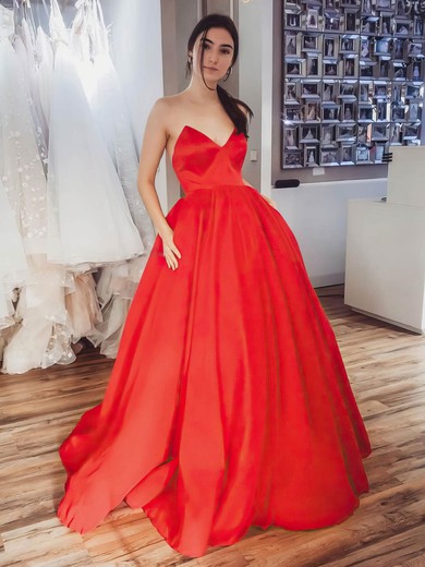 Ball Gown Strapless Sweep Train Satin Pockets Prom Dresses #PDS020107362