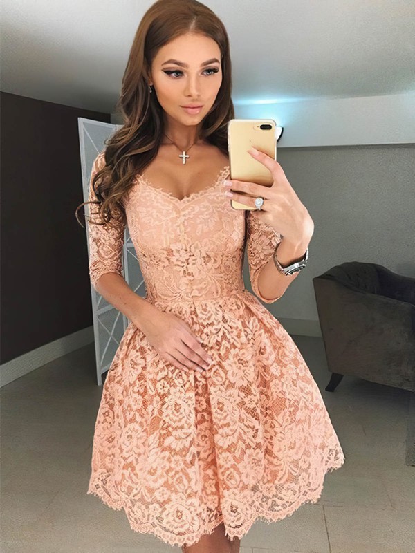 A-line V-neck Short/Mini Lace Prom Dresses #PDS020107365