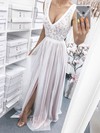 A-line V-neck Sweep Train Tulle Appliques Lace Prom Dresses #PDS020107374