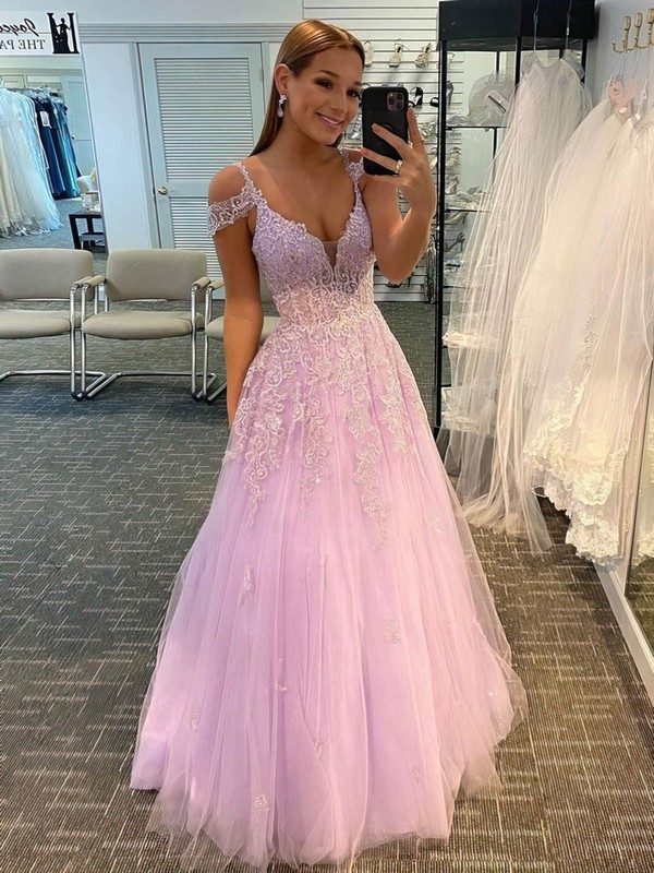 A-line V-neck Sweep Train Tulle Appliques Lace Prom Dresses #PDS020107376