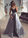 A-line Scoop Neck Sweep Train Silk-like Satin Appliques Lace Prom Dresses #PDS020107377