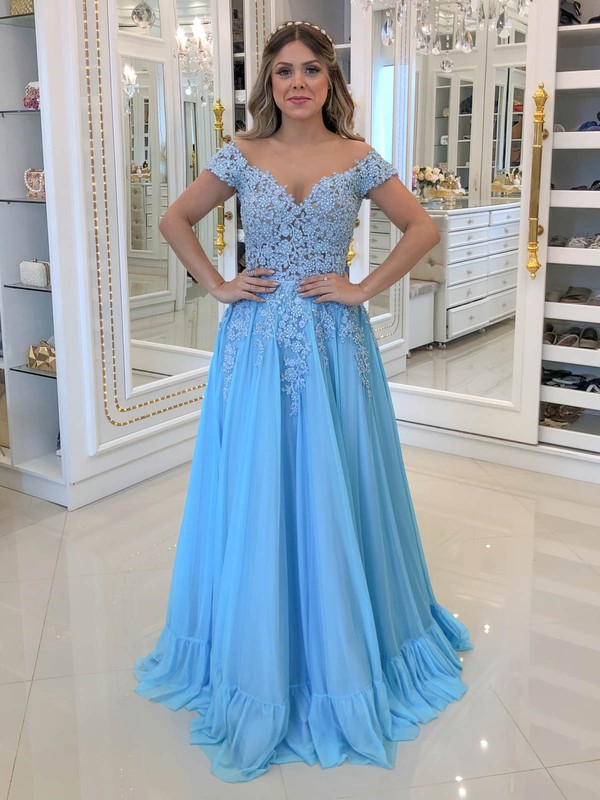A-line Scoop Neck Sweep Train Chiffon Beading Prom Dresses #PDS020107395