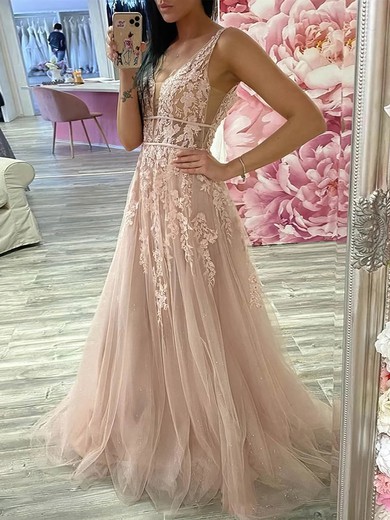 A-line V-neck Sweep Train Tulle Appliques Lace Prom Dresses #PDS020107403