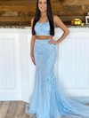 Trumpet/Mermaid Square Neckline Sweep Train Tulle Appliques Lace Prom Dresses #PDS020107417