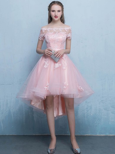 A-line Off-the-shoulder Asymmetrical Tulle Appliques Lace Prom Dresses #PDS020107434