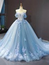Ball Gown Off-the-shoulder Sweep Train Tulle Flower(s) Prom Dresses #PDS020107457