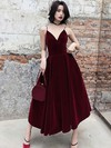 A-line V-neck Tea-length Velvet Prom Dresses #PDS020107468