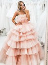 Ball Gown Strapless Sweep Train Tulle Tiered Prom Dresses #PDS020107476
