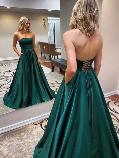 A-line Strapless Sweep Train Satin Pockets Prom Dresses #PDS020107479