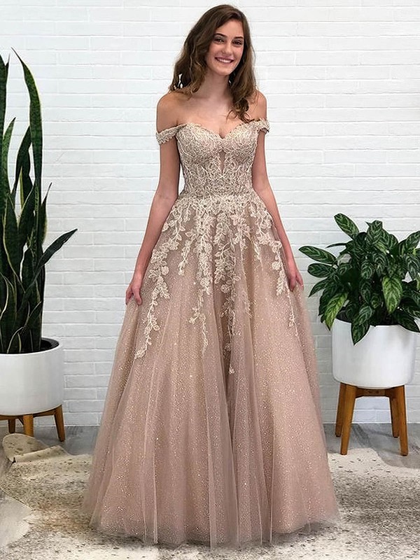A-line Off-the-shoulder Floor-length Glitter Appliques Lace Prom Dresses #PDS020107495