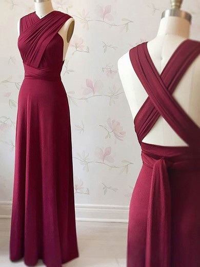 A-line V-neck Floor-length Jersey Prom Dresses #PDS020107504