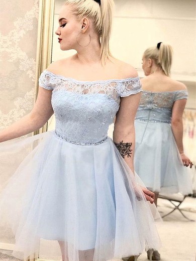 A-line Off-the-shoulder Short/Mini Tulle Beading Prom Dresses #PDS020107505