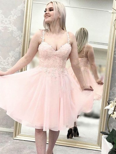 A-line V-neck Chiffon Short/Mini Appliques Lace Short Prom Dresses #PDS020107506