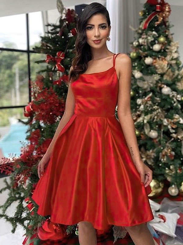 A-line Square Neckline Knee-length Silk-like Satin Prom Dresses #PDS020107511