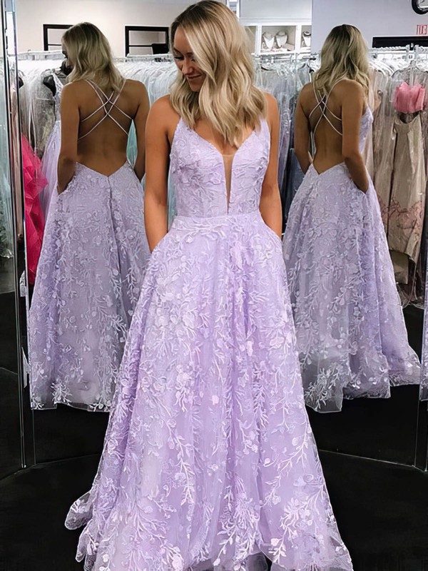 A-line V-neck Sweep Train Tulle Appliques Lace Prom Dresses #PDS020107527