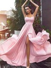A-line Square Neckline Sweep Train Silk-like Satin Appliques Lace Prom Dresses #PDS020107533