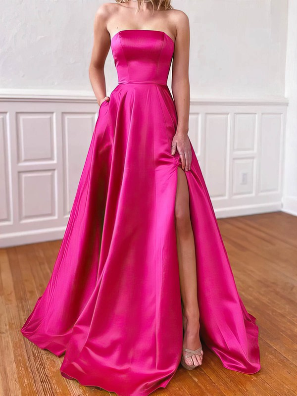 A-line Strapless Sweep Train Satin Pockets Prom Dresses #PDS020107541