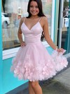 A-line V-neck Tulle Short/Mini Flower(s) Short Prom Dresses #PDS020107548