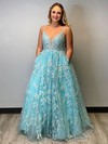 Ball Gown V-neck Sweep Train Tulle Appliques Lace Prom Dresses #PDS020107570