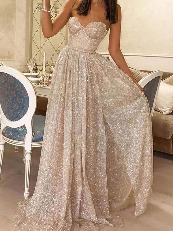 A-line Sweetheart Sweep Train Glitter Prom Dresses #PDS020107571