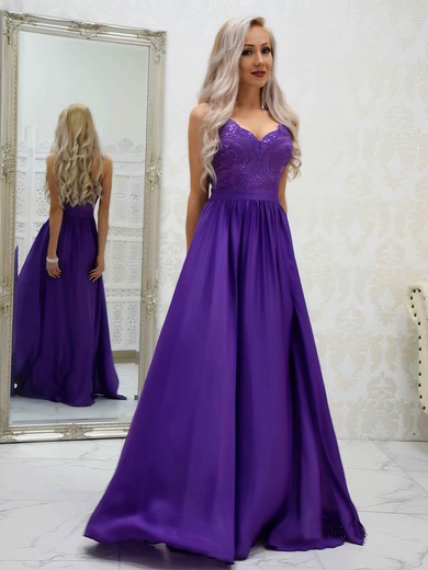 A-line V-neck Sweep Train Silk-like Satin Appliques Lace Prom Dresses #PDS020107574