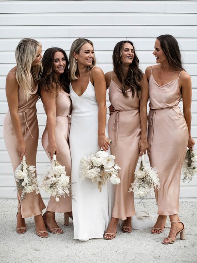 Sheath/Column Cowl Neck Ankle-length Silk-like Satin Sashes / Ribbons Bridesmaid Dresses #PDS01014165