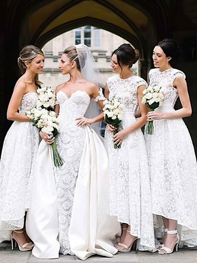 A-line Scoop Neck Asymmetrical Lace Bridesmaid Dresses #PDS01014182