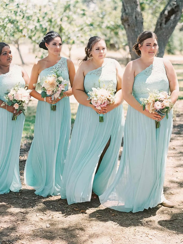 A-line One Shoulder Floor-length Chiffon Appliques Lace Bridesmaid Dresses #PDS01014196
