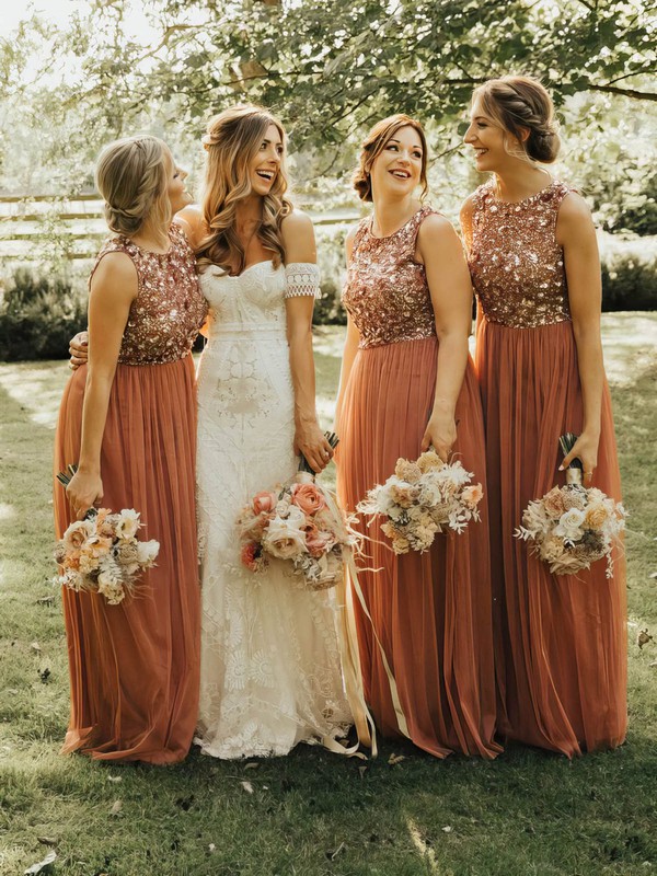 A-line Scoop Neck Floor-length Tulle Glitter Bridesmaid Dresses #PDS01014197