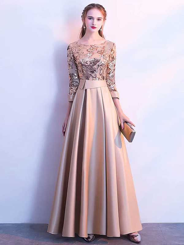 A-line Scoop Neck Floor-length Silk-like Satin Appliques Lace Bridesmaid Dresses #PDS01014207
