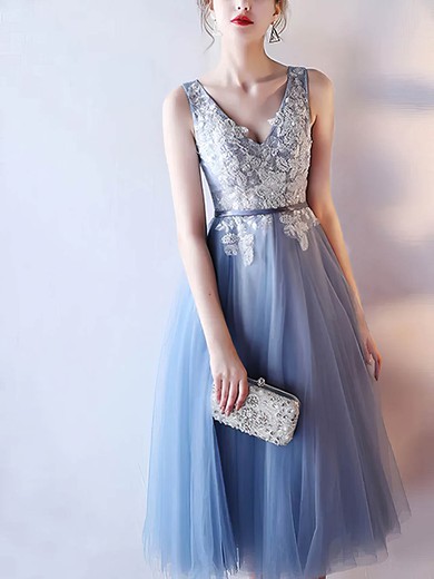 A-line V-neck Tea-length Tulle Appliques Lace Bridesmaid Dresses #PDS01014214